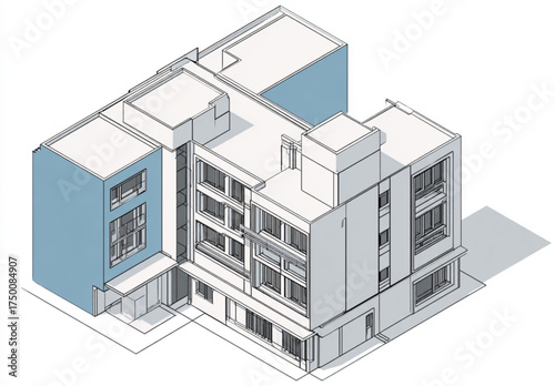 Isometric architectural illustration of a modern multi story building design.