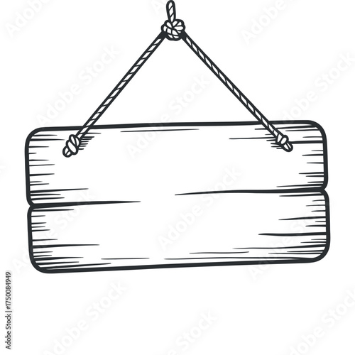 Hanging Wooden Signboard Vector: Hand-Drawn Wood Plank with Rope