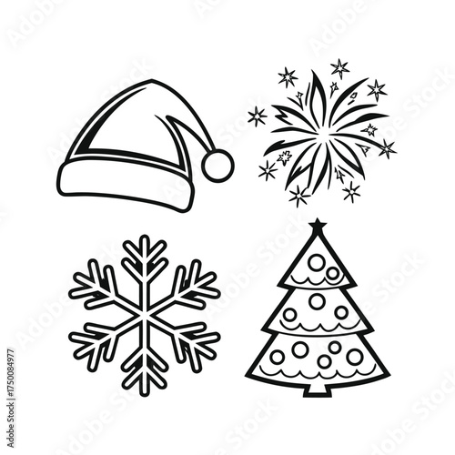 Christmas themed line art icons for holiday design and seasonal projects isolated on transparent background