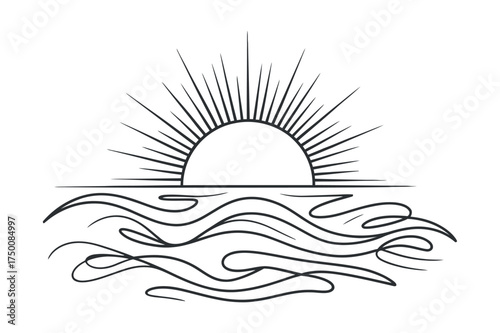 Minimalist Sun Rising Over Water Graphic Ocean Design Illustration