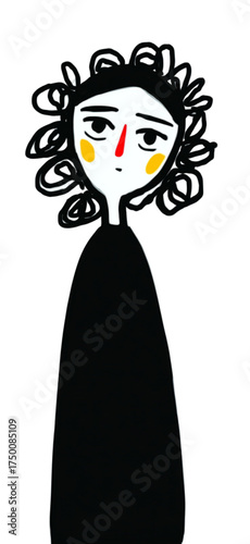 Abstract portrait of a pensive woman with curly hair in a naive art style.