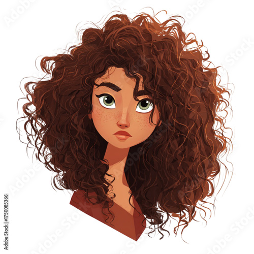 Stylized digital illustration of a young woman with voluminous curly hair.