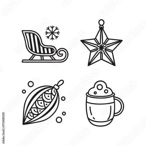 Festive christmas icons set including sleigh star ornament cocoa and snowflakes outline graphics isolated on transparent background