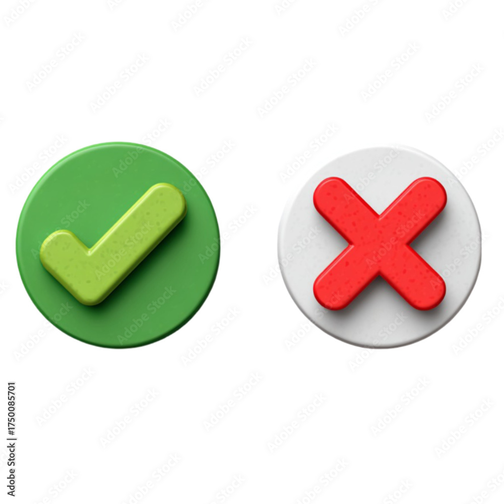 Obraz premium Green checkmark and red cross 3D circular icons for decisions.