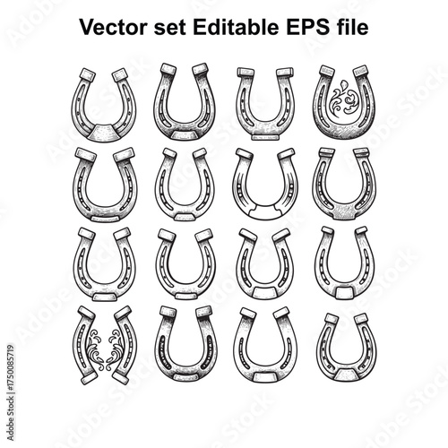 Vector art of group of horseshoe illustrations in various styles, , editable eps file, graphic illustration, vector art, lucky charm collection