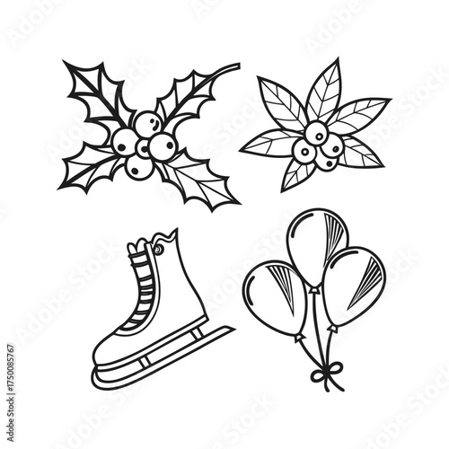 Botanical line art featuring dandelion seed head boot and fleur-de-lis elements isolated on transparent background