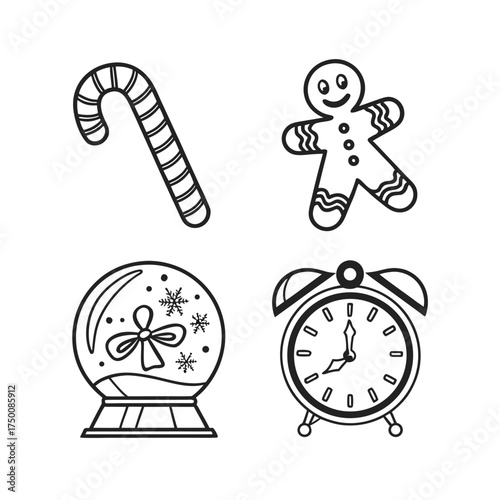 Festive christmas icons set outline candy cane gingerbread man snow globe alarm clock isolated on transparent background