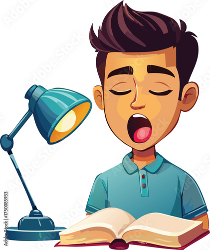 Sleepy Book Character Yawning Under a Warm Reading Lamp, Symbol of Late-Night Study and Relaxation
