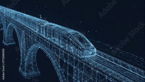 A futuristic, digital rendering of a high-speed passenger train traversing an arched bridge, glowing in blue