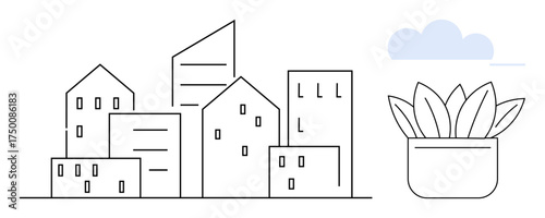 Line art of city buildings with geometric shapes, a potted plant beside them, and a subtle cloud in the sky. Ideal for urban life, sustainability, minimal design, architecture, green spaces