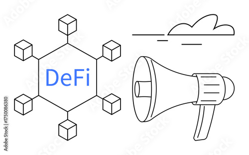 Blockchain hexagon network with DeFi text, megaphone for announcements, minimalist cloud. Ideal for finance, innovation, decentralization, blockchain, technology marketing communication. Simple