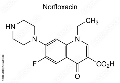 Norfloxacin, chemical structure of norfloxacin, drug substance