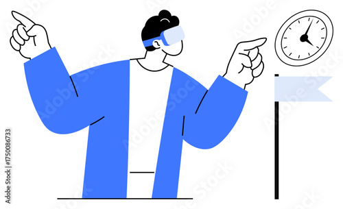 Man wearing VR glasses pointing toward a clock and a flag, symbolizing time management, goal setting, futuristic technology, innovation, exploration, education, and achievements. Simple flat metaphor
