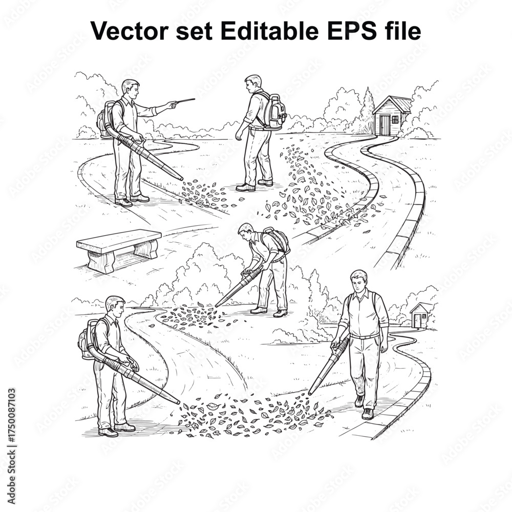 Obraz premium Vector art of vector set of man using leaf blower illustration