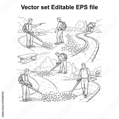 Vector art of vector set of man using leaf blower illustration