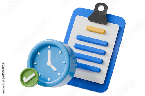 3d clock and clipboard with check mark icon. time management completion concept. Minimal cartoon planner checklist timer for app ui banner. isolated on white background. 3d render.