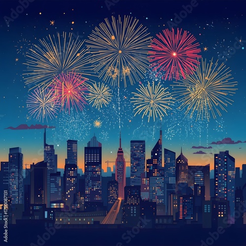 Colorful Vector Illustration of New Year Fireworks Celebration