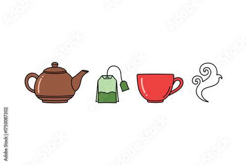 Tea time illustration: teapot, teabag, cup, and steam. Colorful icons set illustrated