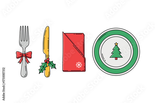 Festive christmas table setting with cutlery, napkin, and holiday plate. Colorful icons set illustrated