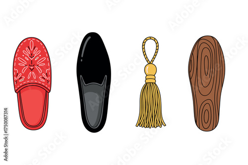 Collection of decorative footwear elements: red slipper, black shoe, tassel, shoe sole. Colorful icons set illustrated