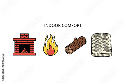 Cozy indoor comfort with fireplace, flame, firewood, and blanket symbols. Colorful icons set illustrated