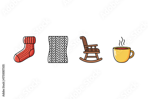 Cozy winter essentials: sock, knitting, rocking chair, and coffee. Colorful icons set illustrated
