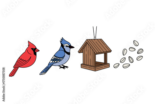 Cardinal and blue jay visiting wooden bird feeder with seeds. Colorful icons set illustrated