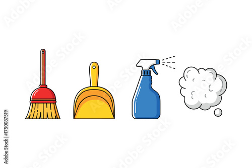 Cartoon cleaning tools: broom, dustpan, spray bottle, and cloud of dust. Colorful icons set illustrated