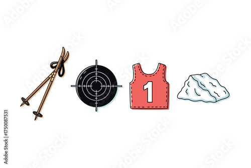 Winter biathlon equipment: skis, target, jersey, and snow icon set. Colorful icons set illustrated