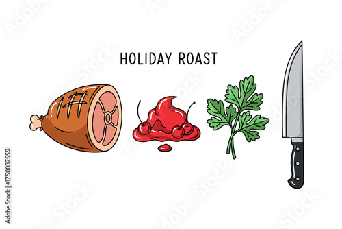 Holiday roast: ham, cranberry sauce, parsley, and knife illustration. Colorful icons set illustrated