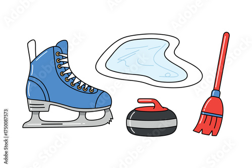 Ice skating and curling equipment illustration with skates, stone, broom, and ice rink. Colorful icons set illustrated