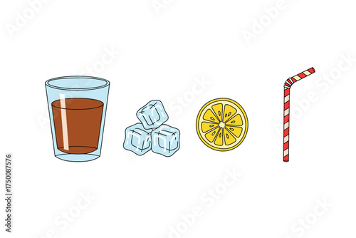 Glass of iced tea with lemon slice and straw. Colorful icons set illustrated