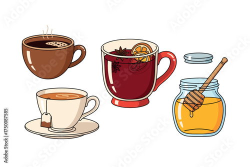 Variety of hot beverages with honey and tea cups. Colorful icons set illustrated
