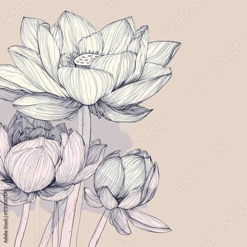 Elegant hand drawn botanical illustration of lotus flowers.