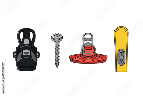 Ski equipment set: binding, screw, plate, boot heater. Colorful icons set illustrated
