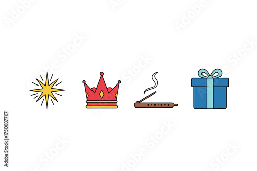 Epiphany symbols: star, crown, incense, gift illustrations. Colorful icons set illustrated
