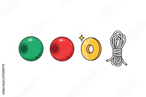 Colorful beads and string arrangement: green, red, yellow, white cord. Colorful icons set illustrated