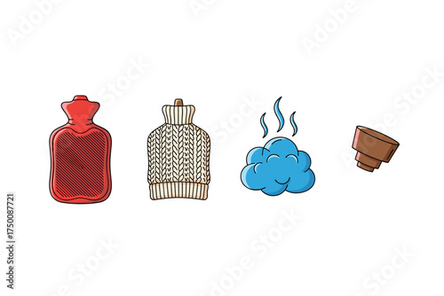Cozy comfort essentials: hot water bottle, sweater, steam, cup. Colorful icons set illustrated