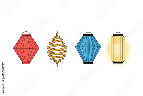 Colorful traditional asian hanging lanterns and coil incense display. Colorful icons set illustrated