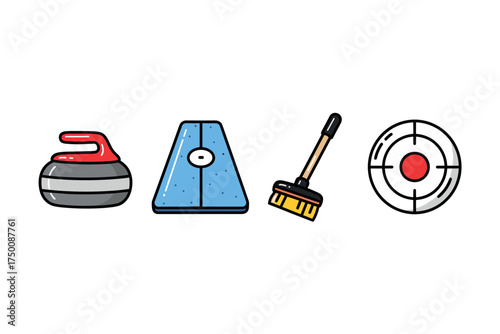 Curling equipment set: stone, broom, target, and rink elements. Colorful icons set illustrated