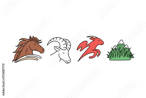 Four stylized zodiac animals and mountain: horse, ram, goat, grass design. Colorful icons set illustrated