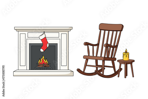 Cozy fireplace scene with stocking, rocking chair, and candle for holiday comfort. Colorful icons set illustrated