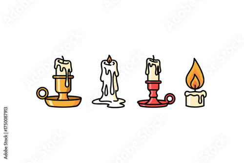 Colorful cartoon candles in holders with melting wax and flame. Colorful icons set illustrated