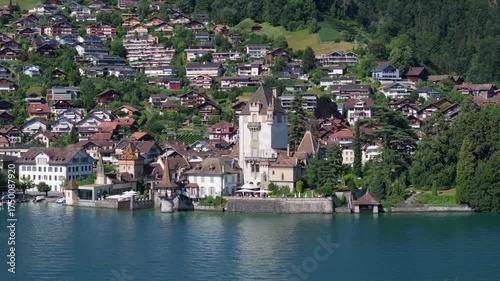 The beautiful Interlaken valley and Thunersee lake, Beatiful river at Switzerland in sunny day during summer, Aereal drone view of stunning idyllic nature scenery of lake Brienz with turquoise waters
