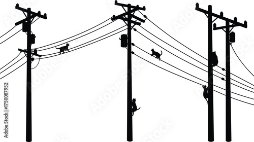 Silhouette utility poles, cats on power lines, whimsical urban scene, surreal illustration, electricity distribution network, playful infrastructure, creative skyline, imaginative design
