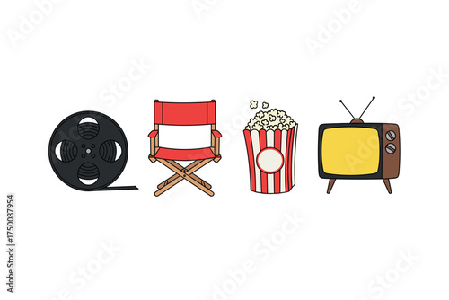 Film reel, director chair, popcorn, and tv illustration. Colorful icons set illustrated