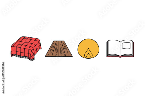 Cozy winter essentials: blanket, wooden floor, fireplace, and book for relaxing indoors. Colorful icons set illustrated
