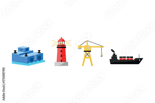 Maritime icons: harbor, lighthouse, crane, cargo ship illustrations. Colorful icons set illustrated