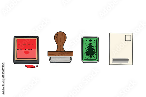 Ink pads and stamp with holiday card: festive crafting essentials. Colorful icons set illustrated