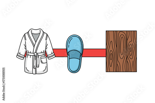 Comfortable bathrobe and slippers on wooden hook illustration. Colorful icons set illustrated